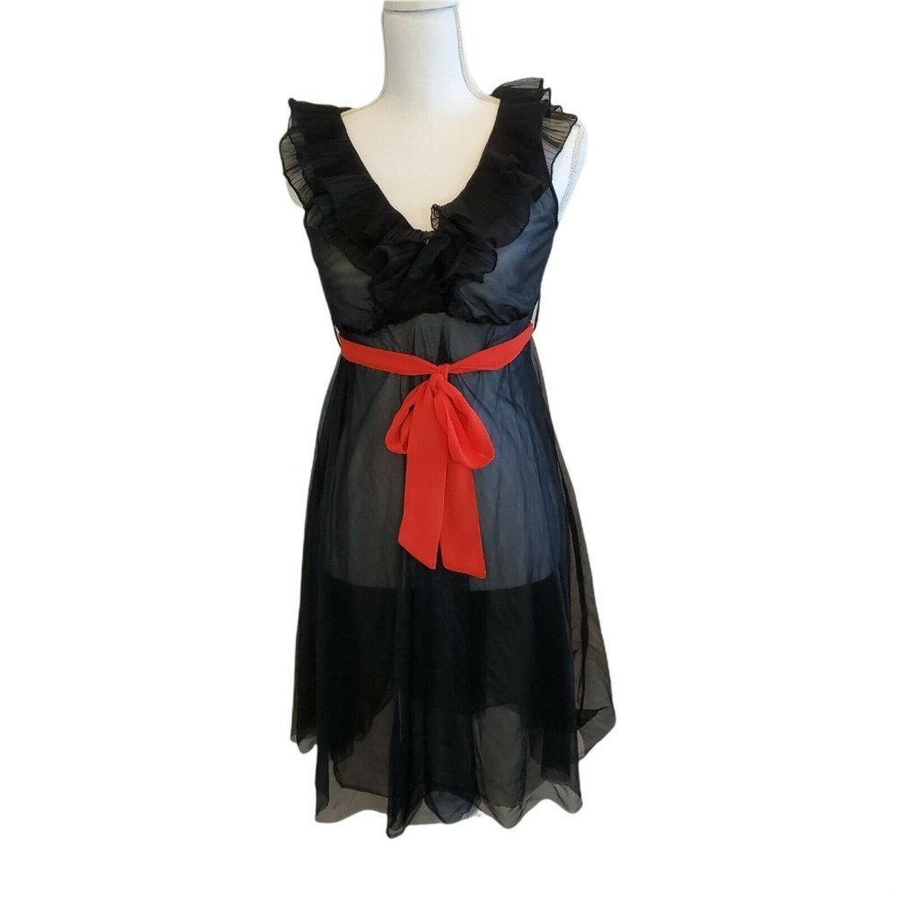 Womens XS/S Black Sheer‎ Slip Dress Ruffle Neckline
